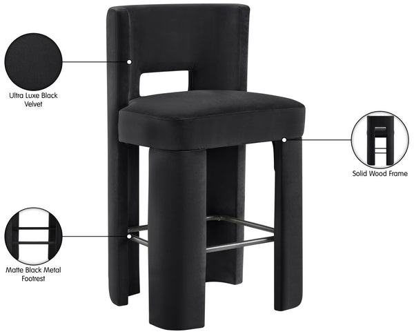 Meridian Furniture Zuno Velvet Upholstered Barstool with Sculptural Solid Wood Frame for Kitchen Island Seating Black 973Black-C