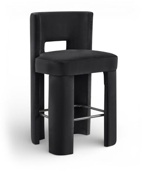 Meridian Furniture Zuno Velvet Upholstered Barstool with Sculptural Solid Wood Frame for Kitchen Island Seating Black 973Black-C