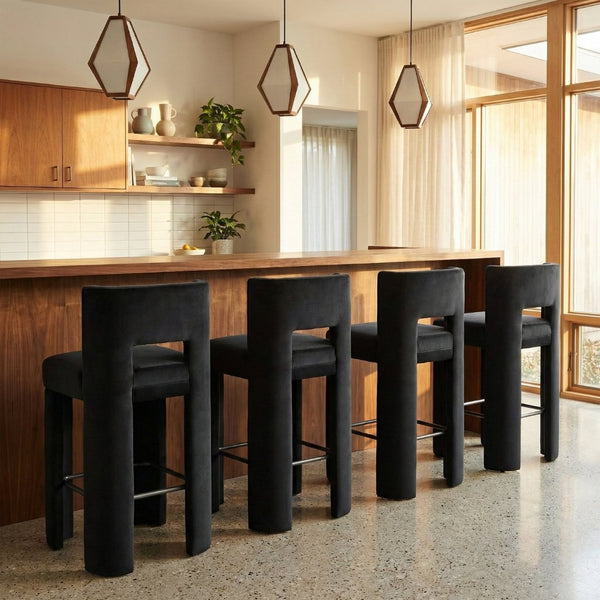 Meridian Furniture Zuno Velvet Upholstered Barstool with Sculptural Solid Wood Frame for Kitchen Island Seating Black 973Black-C