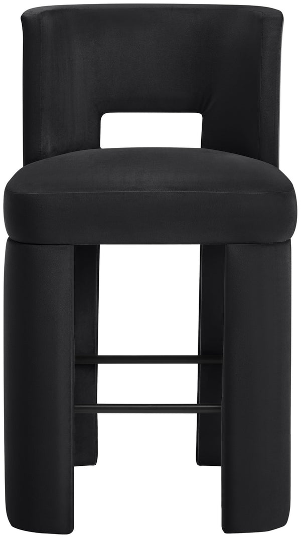 Meridian Furniture Zuno Velvet Upholstered Barstool with Sculptural Solid Wood Frame for Kitchen Island Seating Black 973Black-C