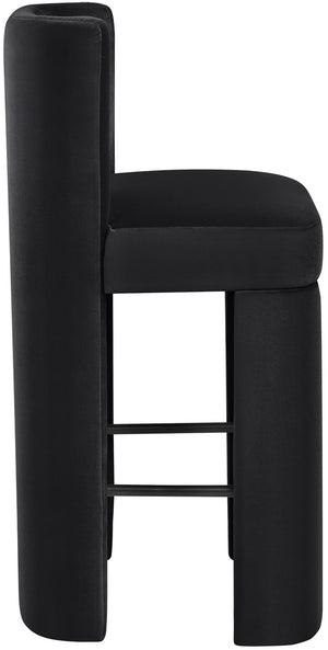 Meridian Furniture Zuno Velvet Upholstered Barstool with Sculptural Solid Wood Frame for Kitchen Island Seating Black 973Black-C