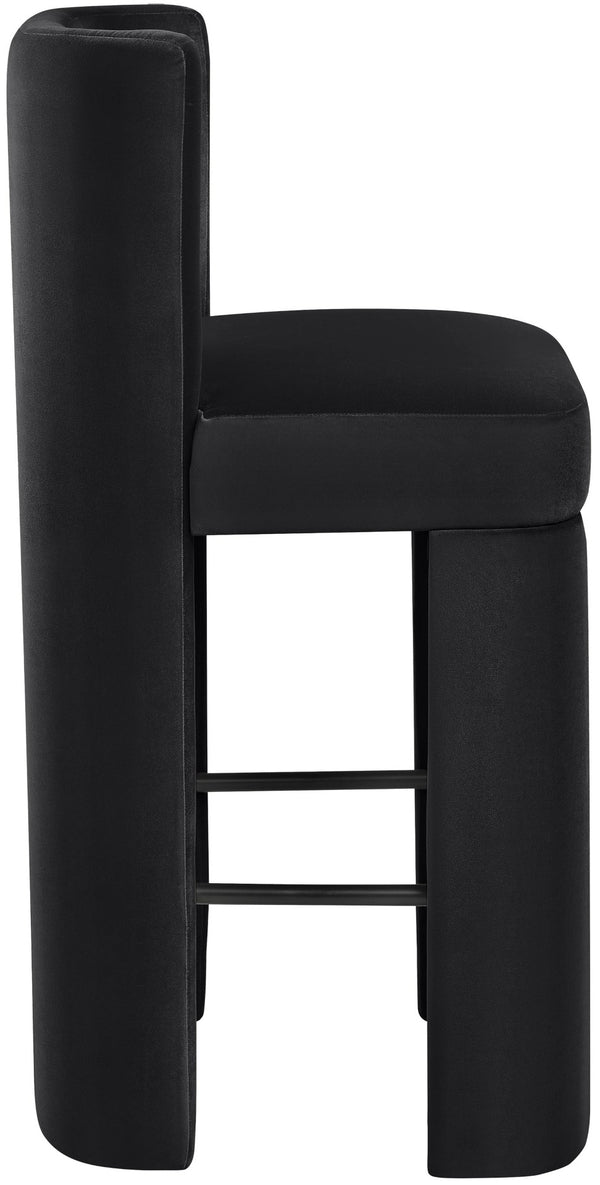 Meridian Furniture Zuno Velvet Upholstered Barstool with Sculptural Solid Wood Frame for Kitchen Island Seating Black 973Black-C