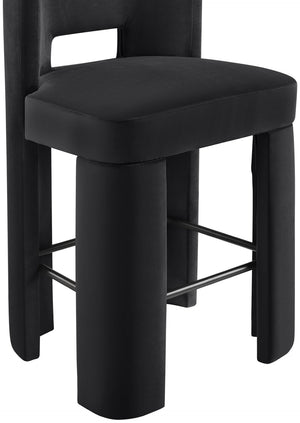 Meridian Furniture Zuno Velvet Upholstered Barstool with Sculptural Solid Wood Frame for Kitchen Island Seating Black 973Black-C