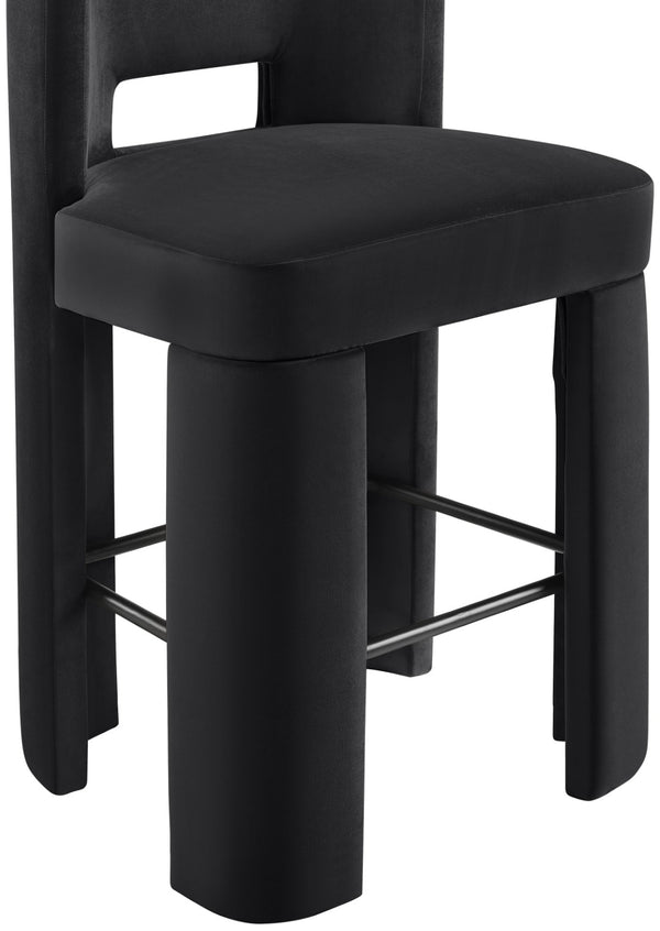 Meridian Furniture Zuno Velvet Upholstered Barstool with Sculptural Solid Wood Frame for Kitchen Island Seating Black 973Black-C
