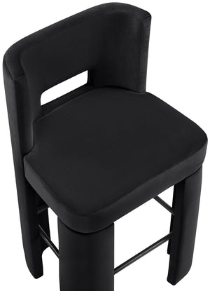 Meridian Furniture Zuno Velvet Upholstered Barstool with Sculptural Solid Wood Frame for Kitchen Island Seating Black 973Black-C