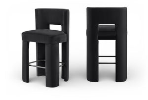 Meridian Furniture Zuno Velvet Upholstered Barstool with Sculptural Solid Wood Frame for Kitchen Island Seating Black 973Black-C