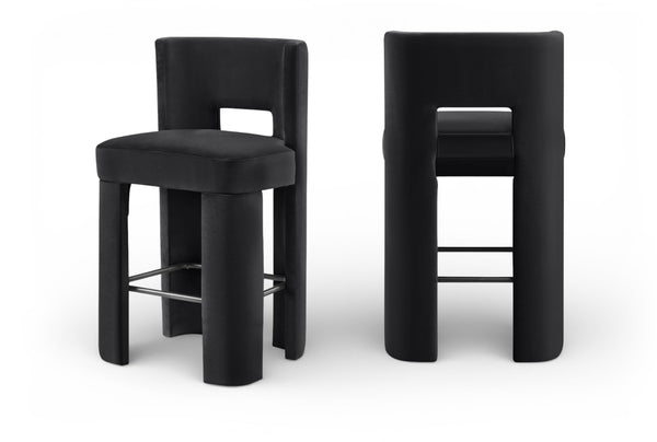 Meridian Furniture Zuno Velvet Upholstered Barstool with Sculptural Solid Wood Frame for Kitchen Island Seating Black 973Black-C