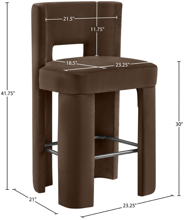 Meridian Furniture Zuno Velvet Upholstered Barstool with Sculptural Solid Wood Frame for Kitchen Island Seating Brown 973Brown-C