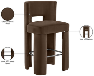 Meridian Furniture Zuno Velvet Upholstered Barstool with Sculptural Solid Wood Frame for Kitchen Island Seating Brown 973Brown-C