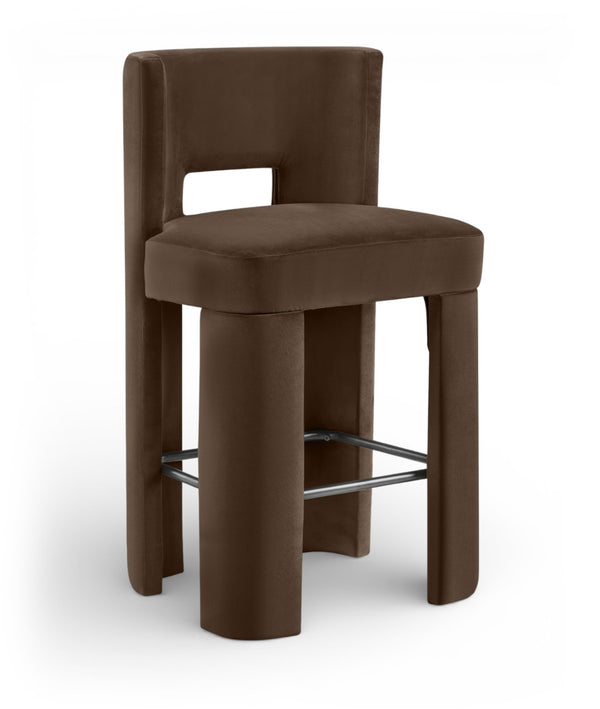 Meridian Furniture Zuno Velvet Upholstered Barstool with Sculptural Solid Wood Frame for Kitchen Island Seating Brown 973Brown-C