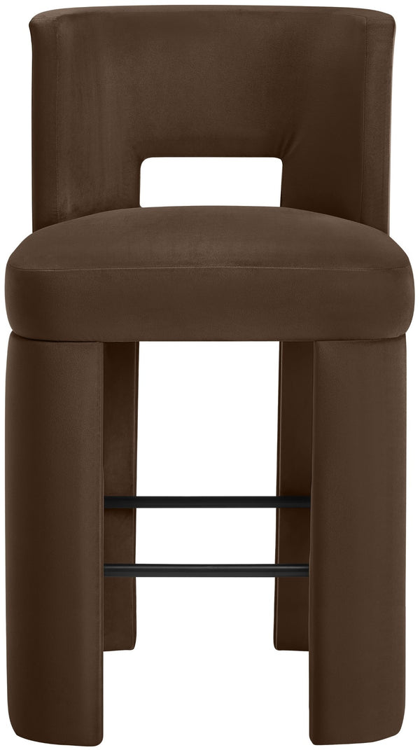 Meridian Furniture Zuno Velvet Upholstered Barstool with Sculptural Solid Wood Frame for Kitchen Island Seating Brown 973Brown-C
