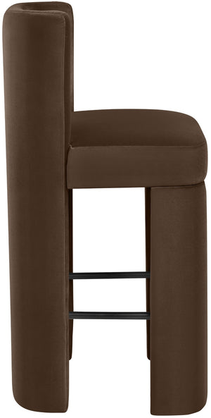 Meridian Furniture Zuno Velvet Upholstered Barstool with Sculptural Solid Wood Frame for Kitchen Island Seating Brown 973Brown-C