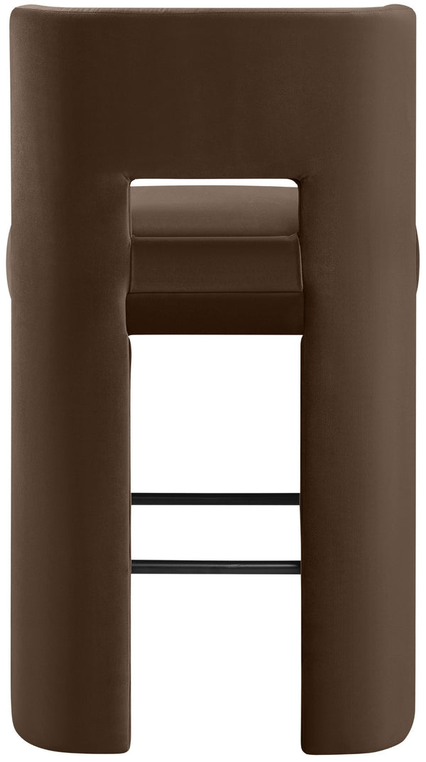 Meridian Furniture Zuno Velvet Upholstered Barstool with Sculptural Solid Wood Frame for Kitchen Island Seating Brown 973Brown-C