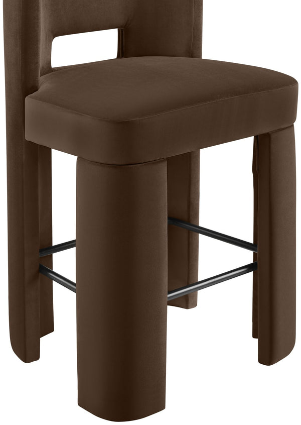 Meridian Furniture Zuno Velvet Upholstered Barstool with Sculptural Solid Wood Frame for Kitchen Island Seating Brown 973Brown-C