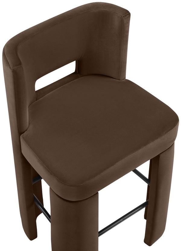 Meridian Furniture Zuno Velvet Upholstered Barstool with Sculptural Solid Wood Frame for Kitchen Island Seating Brown 973Brown-C