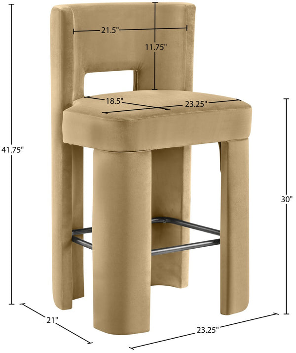 Meridian Furniture Zuno Velvet Upholstered Barstool with Sculptural Solid Wood Frame for Kitchen Island Seating Camel 973Camel-C