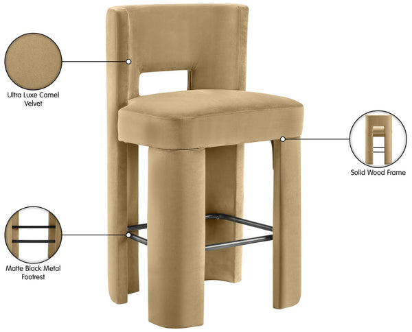Meridian Furniture Zuno Velvet Upholstered Barstool with Sculptural Solid Wood Frame for Kitchen Island Seating Camel 973Camel-C