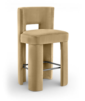Meridian Furniture Zuno Velvet Upholstered Barstool with Sculptural Solid Wood Frame for Kitchen Island Seating Camel 973Camel-C
