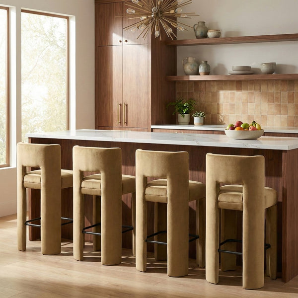 Meridian Furniture Zuno Velvet Upholstered Barstool with Sculptural Solid Wood Frame for Kitchen Island Seating Camel 973Camel-C