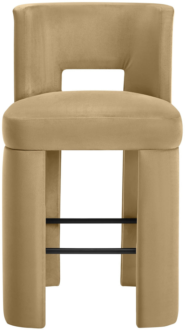 Meridian Furniture Zuno Velvet Upholstered Barstool with Sculptural Solid Wood Frame for Kitchen Island Seating Camel 973Camel-C