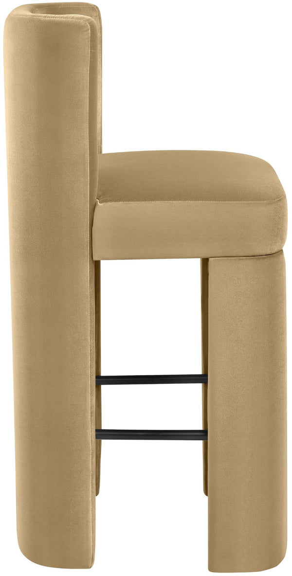 Meridian Furniture Zuno Velvet Upholstered Barstool with Sculptural Solid Wood Frame for Kitchen Island Seating Camel 973Camel-C