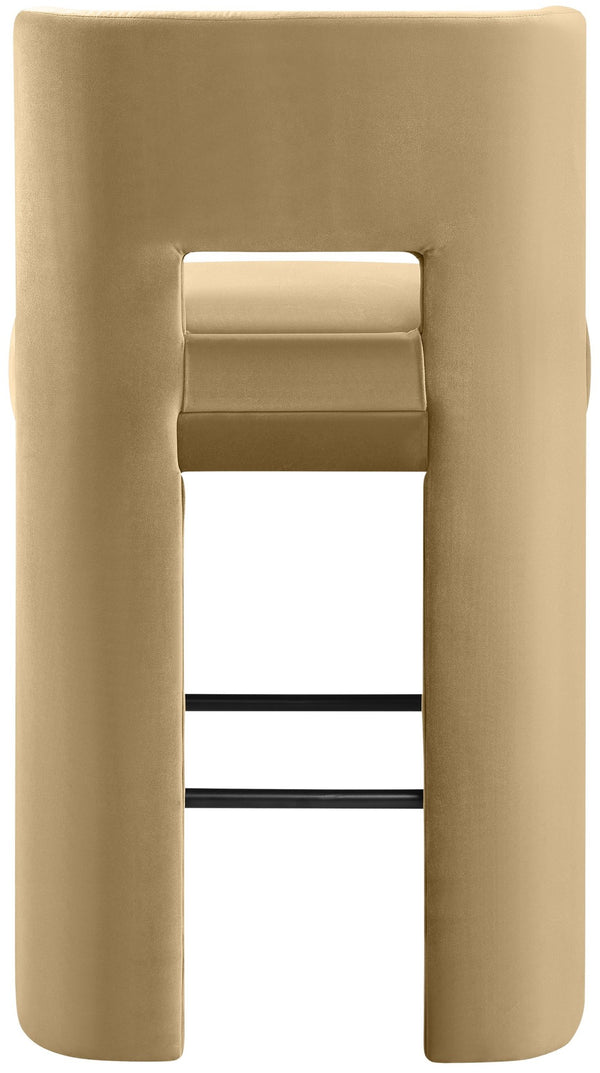 Meridian Furniture Zuno Velvet Upholstered Barstool with Sculptural Solid Wood Frame for Kitchen Island Seating Camel 973Camel-C
