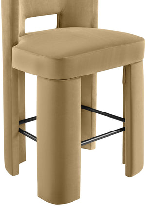 Meridian Furniture Zuno Velvet Upholstered Barstool with Sculptural Solid Wood Frame for Kitchen Island Seating Camel 973Camel-C