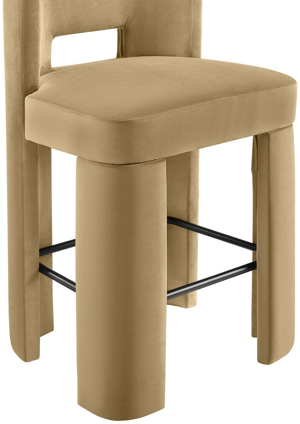 Meridian Furniture Zuno Velvet Upholstered Barstool with Sculptural Solid Wood Frame for Kitchen Island Seating Camel 973Camel-C