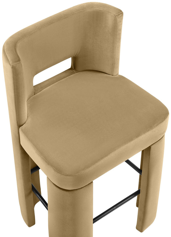 Meridian Furniture Zuno Velvet Upholstered Barstool with Sculptural Solid Wood Frame for Kitchen Island Seating Camel 973Camel-C