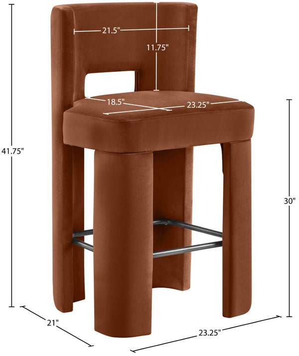 Meridian Furniture Zuno Velvet Upholstered Barstool with Sculptural Solid Wood Frame for Kitchen Island Seating Cognac 973Cognac-C