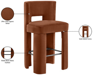 Meridian Furniture Zuno Velvet Upholstered Barstool with Sculptural Solid Wood Frame for Kitchen Island Seating Cognac 973Cognac-C