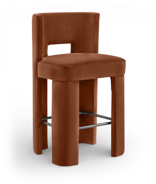 Meridian Furniture Zuno Velvet Upholstered Barstool with Sculptural Solid Wood Frame for Kitchen Island Seating Cognac 973Cognac-C