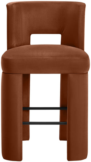 Meridian Furniture Zuno Velvet Upholstered Barstool with Sculptural Solid Wood Frame for Kitchen Island Seating Cognac 973Cognac-C