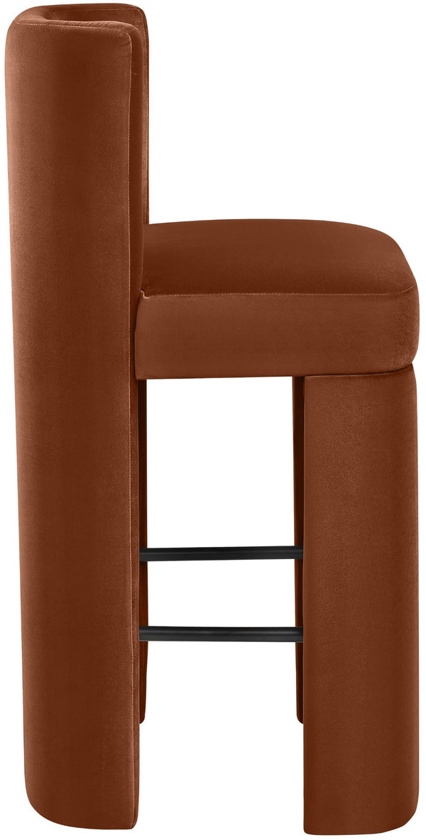 Meridian Furniture Zuno Velvet Upholstered Barstool with Sculptural Solid Wood Frame for Kitchen Island Seating Cognac 973Cognac-C