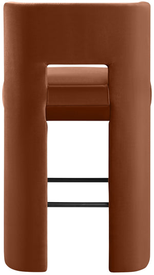 Meridian Furniture Zuno Velvet Upholstered Barstool with Sculptural Solid Wood Frame for Kitchen Island Seating Cognac 973Cognac-C