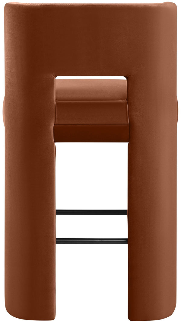 Meridian Furniture Zuno Velvet Upholstered Barstool with Sculptural Solid Wood Frame for Kitchen Island Seating Cognac 973Cognac-C