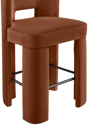 Meridian Furniture Zuno Velvet Upholstered Barstool with Sculptural Solid Wood Frame for Kitchen Island Seating Cognac 973Cognac-C