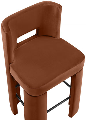 Meridian Furniture Zuno Velvet Upholstered Barstool with Sculptural Solid Wood Frame for Kitchen Island Seating Cognac 973Cognac-C