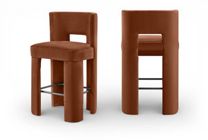 Meridian Furniture Zuno Velvet Upholstered Barstool with Sculptural Solid Wood Frame for Kitchen Island Seating Cognac 973Cognac-C