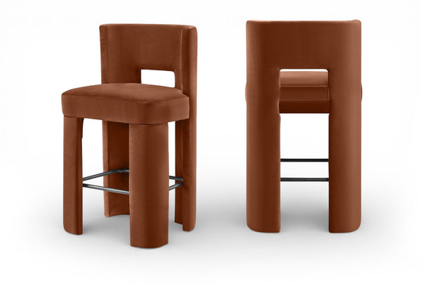 Meridian Furniture Zuno Velvet Upholstered Barstool with Sculptural Solid Wood Frame for Kitchen Island Seating Cognac 973Cognac-C