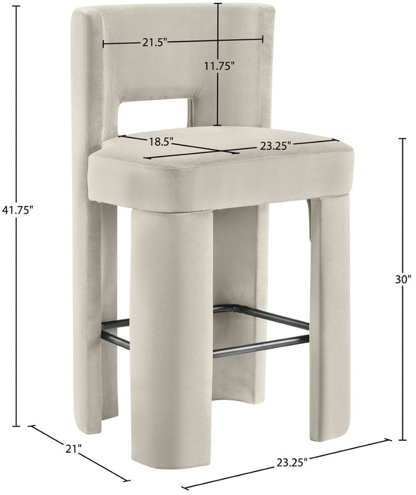 Meridian Furniture Zuno Velvet Upholstered Barstool with Sculptural Solid Wood Frame for Kitchen Island Seating Cream 973Cream-C