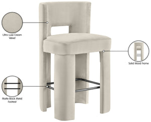 Meridian Furniture Zuno Velvet Upholstered Barstool with Sculptural Solid Wood Frame for Kitchen Island Seating Cream 973Cream-C