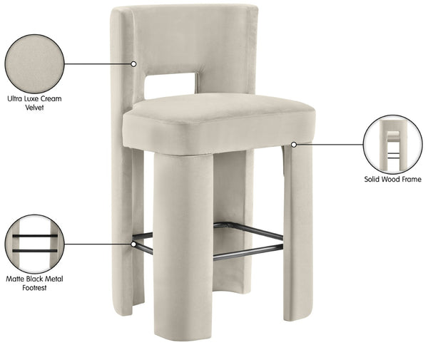 Meridian Furniture Zuno Velvet Upholstered Barstool with Sculptural Solid Wood Frame for Kitchen Island Seating Cream 973Cream-C