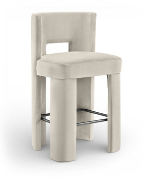 Meridian Furniture Zuno Velvet Upholstered Barstool with Sculptural Solid Wood Frame for Kitchen Island Seating Cream 973Cream-C