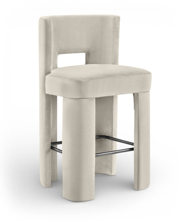 Meridian Furniture Zuno Velvet Upholstered Barstool with Sculptural Solid Wood Frame for Kitchen Island Seating Cream 973Cream-C