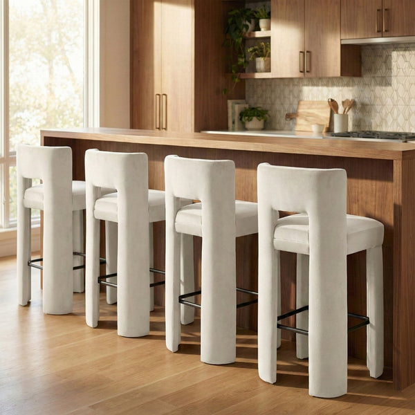 Meridian Furniture Zuno Velvet Upholstered Barstool with Sculptural Solid Wood Frame for Kitchen Island Seating Cream 973Cream-C