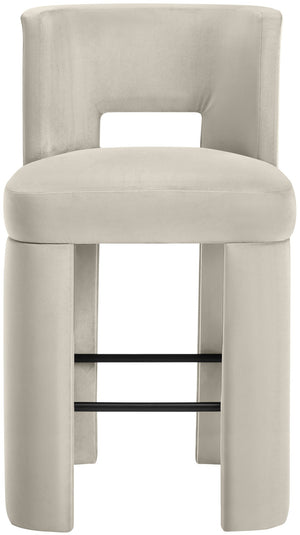 Meridian Furniture Zuno Velvet Upholstered Barstool with Sculptural Solid Wood Frame for Kitchen Island Seating Cream 973Cream-C