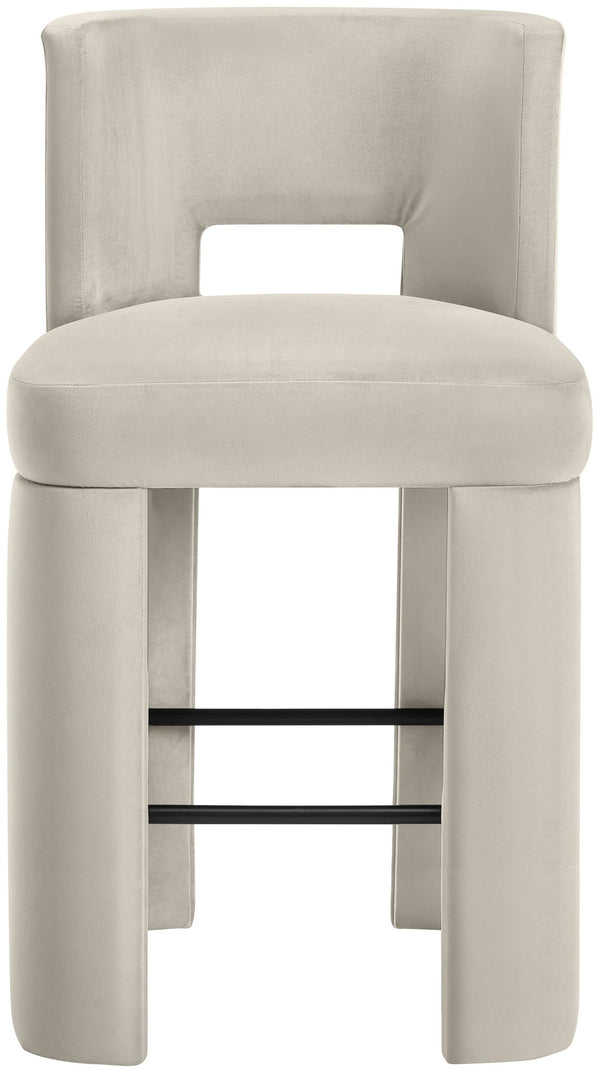 Meridian Furniture Zuno Velvet Upholstered Barstool with Sculptural Solid Wood Frame for Kitchen Island Seating Cream 973Cream-C
