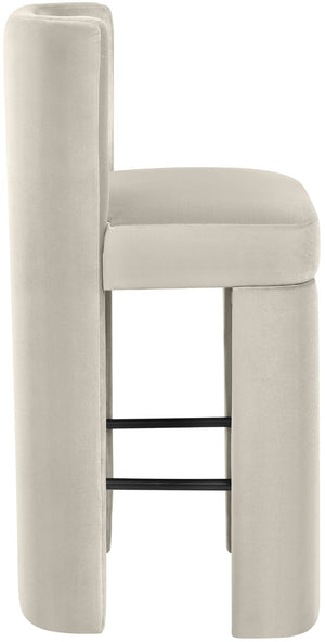 Meridian Furniture Zuno Velvet Upholstered Barstool with Sculptural Solid Wood Frame for Kitchen Island Seating Cream 973Cream-C