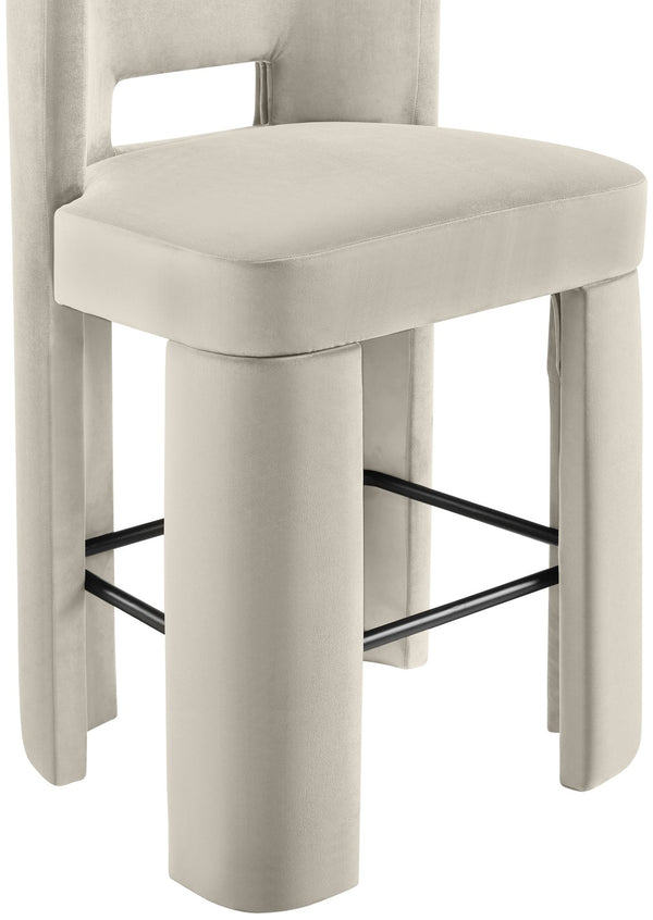 Meridian Furniture Zuno Velvet Upholstered Barstool with Sculptural Solid Wood Frame for Kitchen Island Seating Cream 973Cream-C